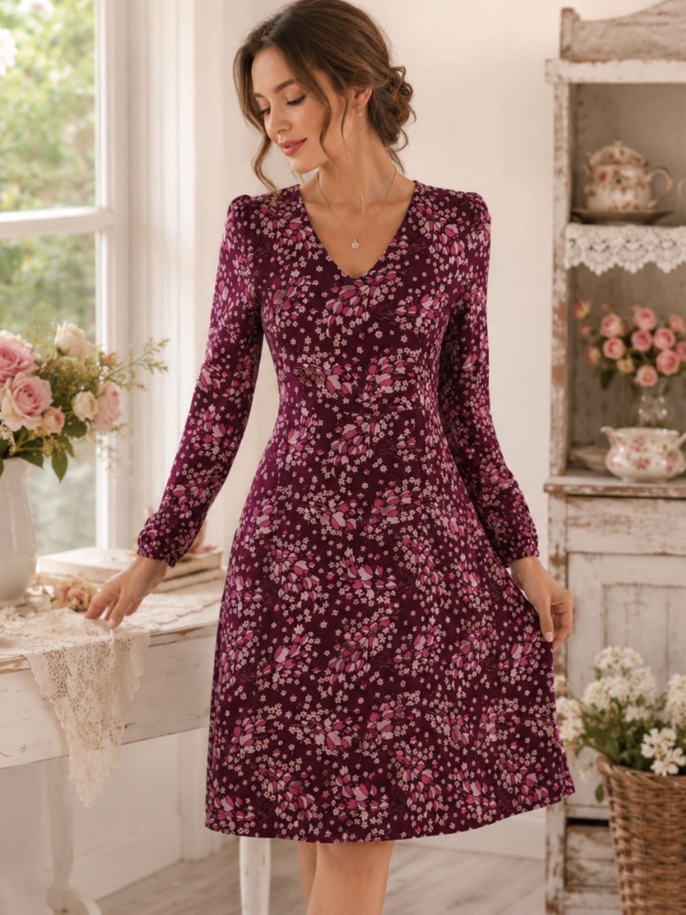 Boden Burgundy Floral Romantic Cottagecore V-Neck Long Sleeve Midi Dress Size 6P